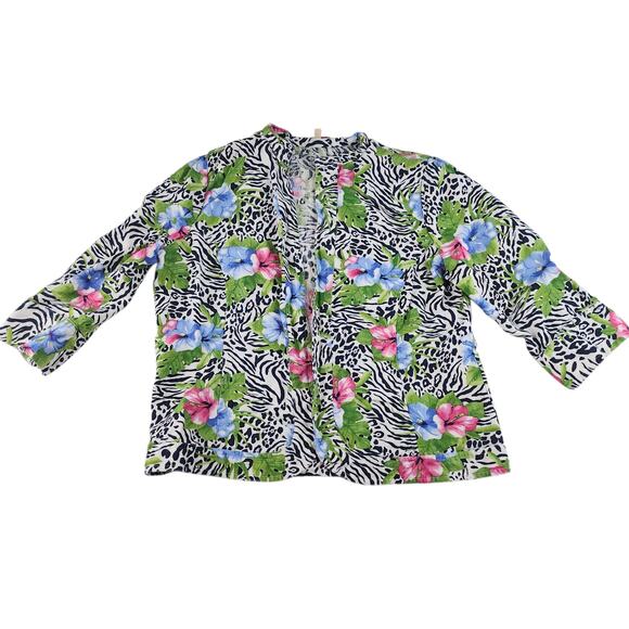 Vintage Hawaiian Cardigan Womens PL Large Petite 100% Linin Hibiscus Zebra Print - Picture 3 of 16
